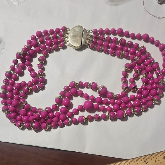Unique Rare 1950's Elegant Pink And Silertone 4 String Beaded Necklace